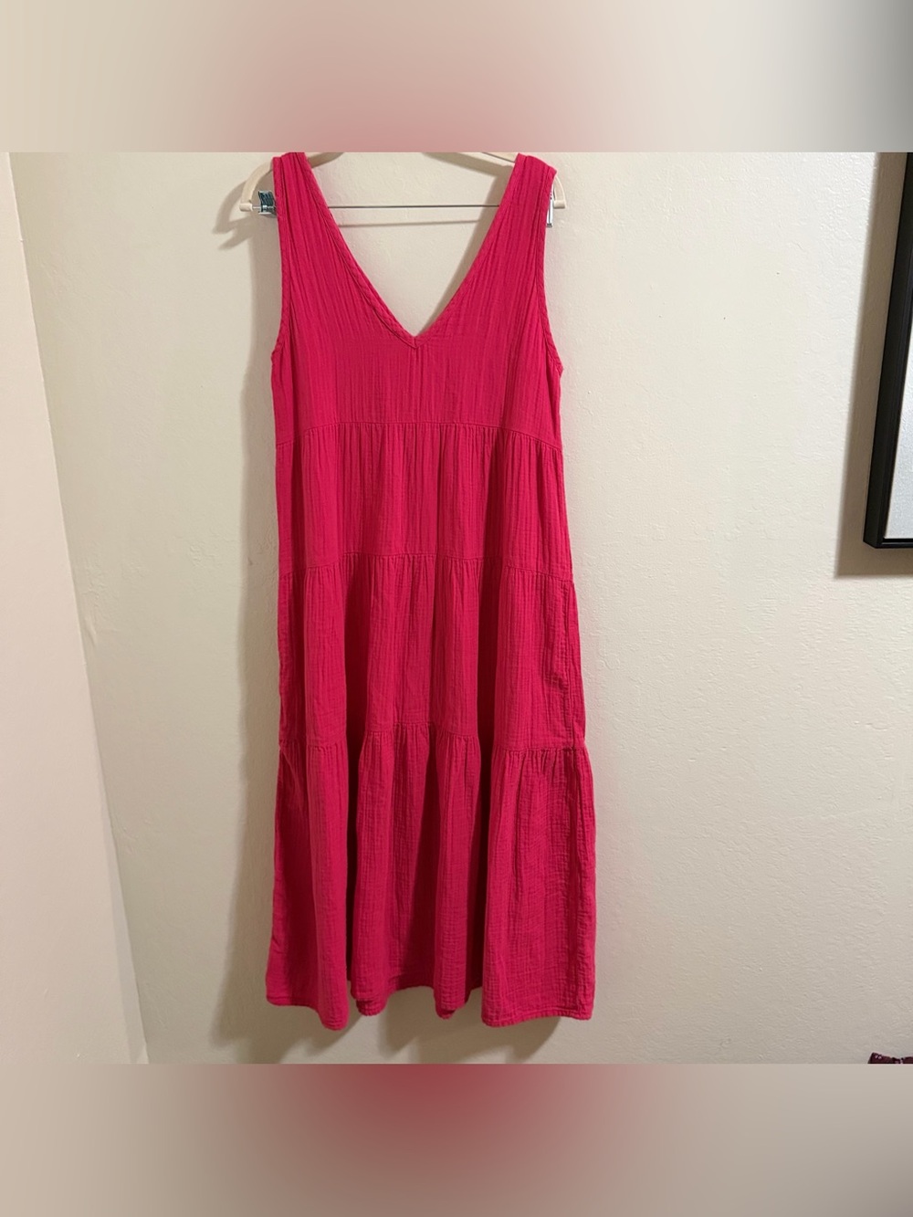 Quince Amaranth Hot Pink Organic Cotton Gauze Tiered Maxi Dress V Neck Small - Picture 7 of 9